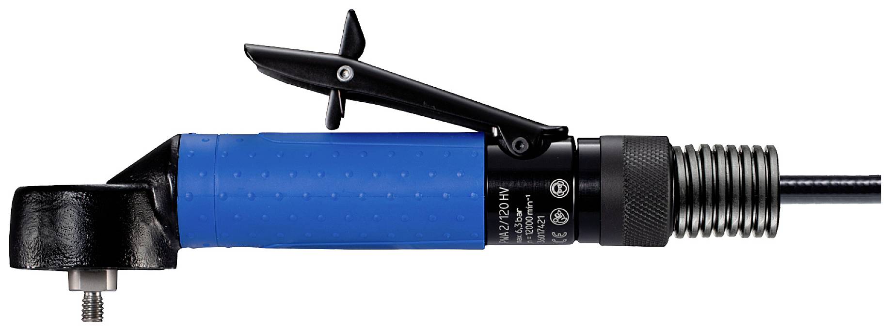 Visseuse pneumatique avec poignée bleue, levier en haut et câble noir sur le côté droit. Utilisée pour visser efficacement.