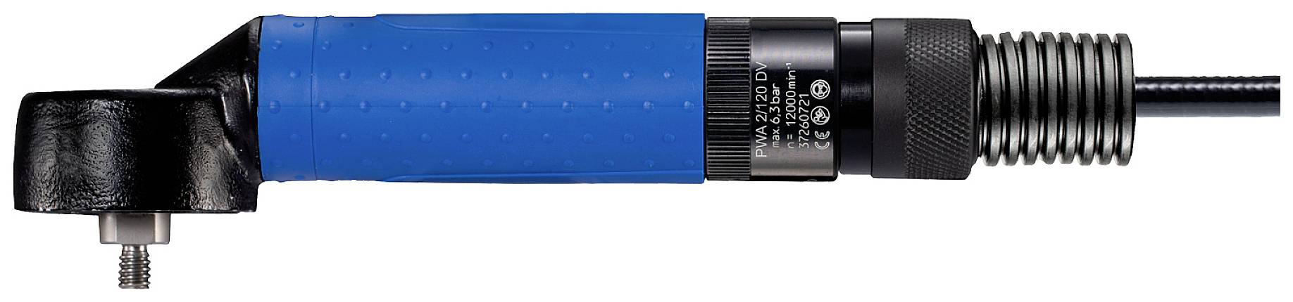 Un tournevis électrique à angle droit avec une poignée bleue et un boîtier noir, utilisé pour des travaux de montage précis.