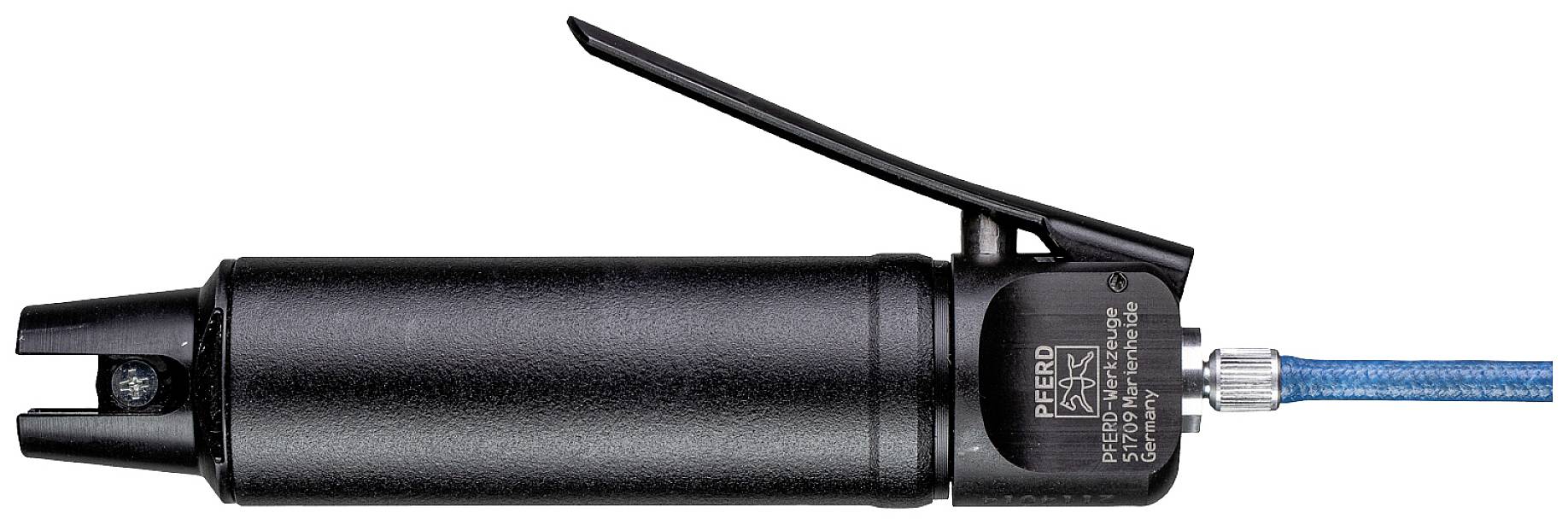 Outil de sertissage (PEWO) pour bornes électriques en noir, positionné horizontalement avec une connexion de câble bleue à gauche.