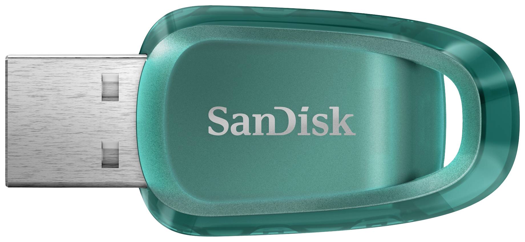 Clé USB turquoise de la marque SanDisk.