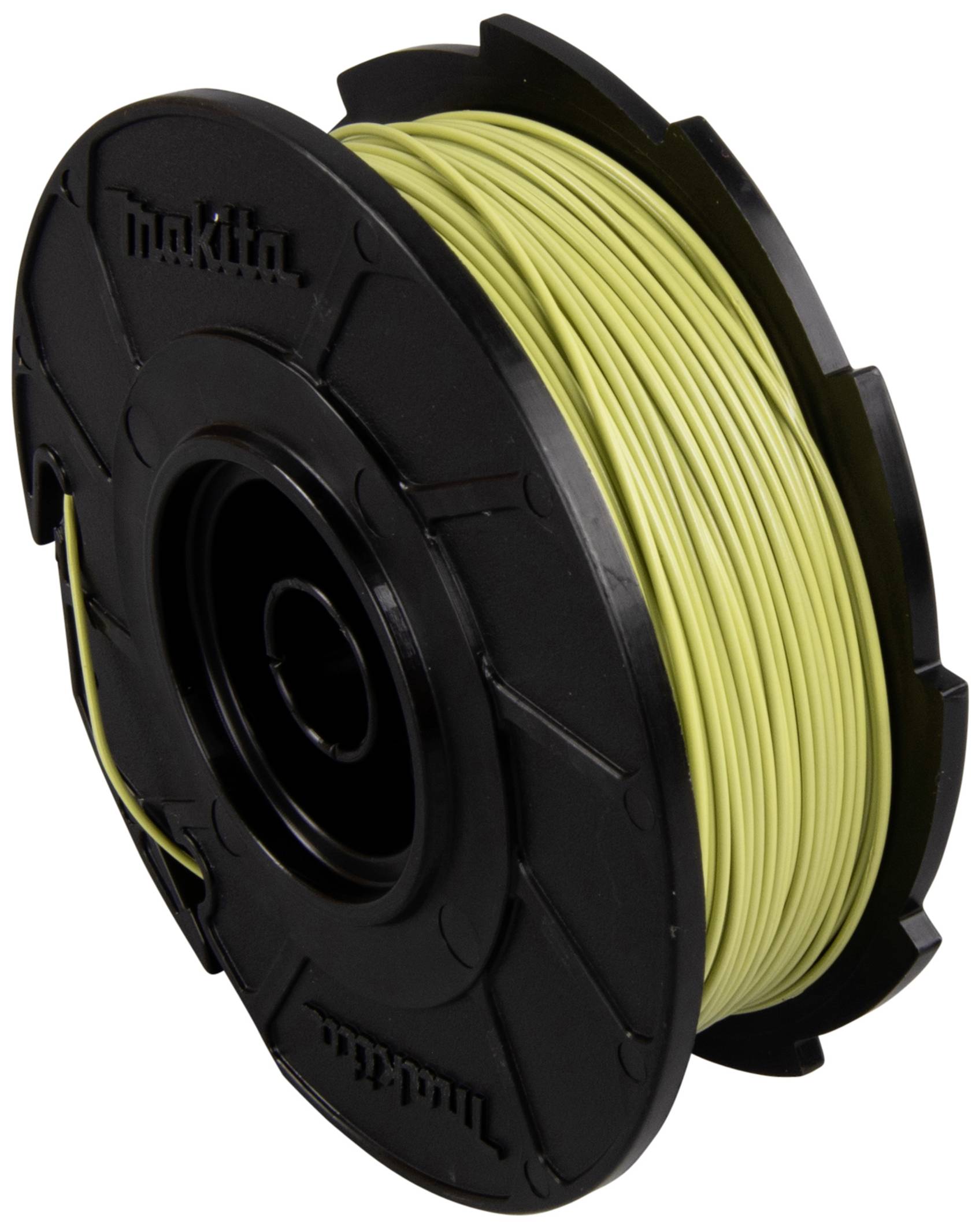 Une bobine noire avec un câble jaune, adaptée aux travaux de jardinage ou à l'utilisation avec des outils de jardin.