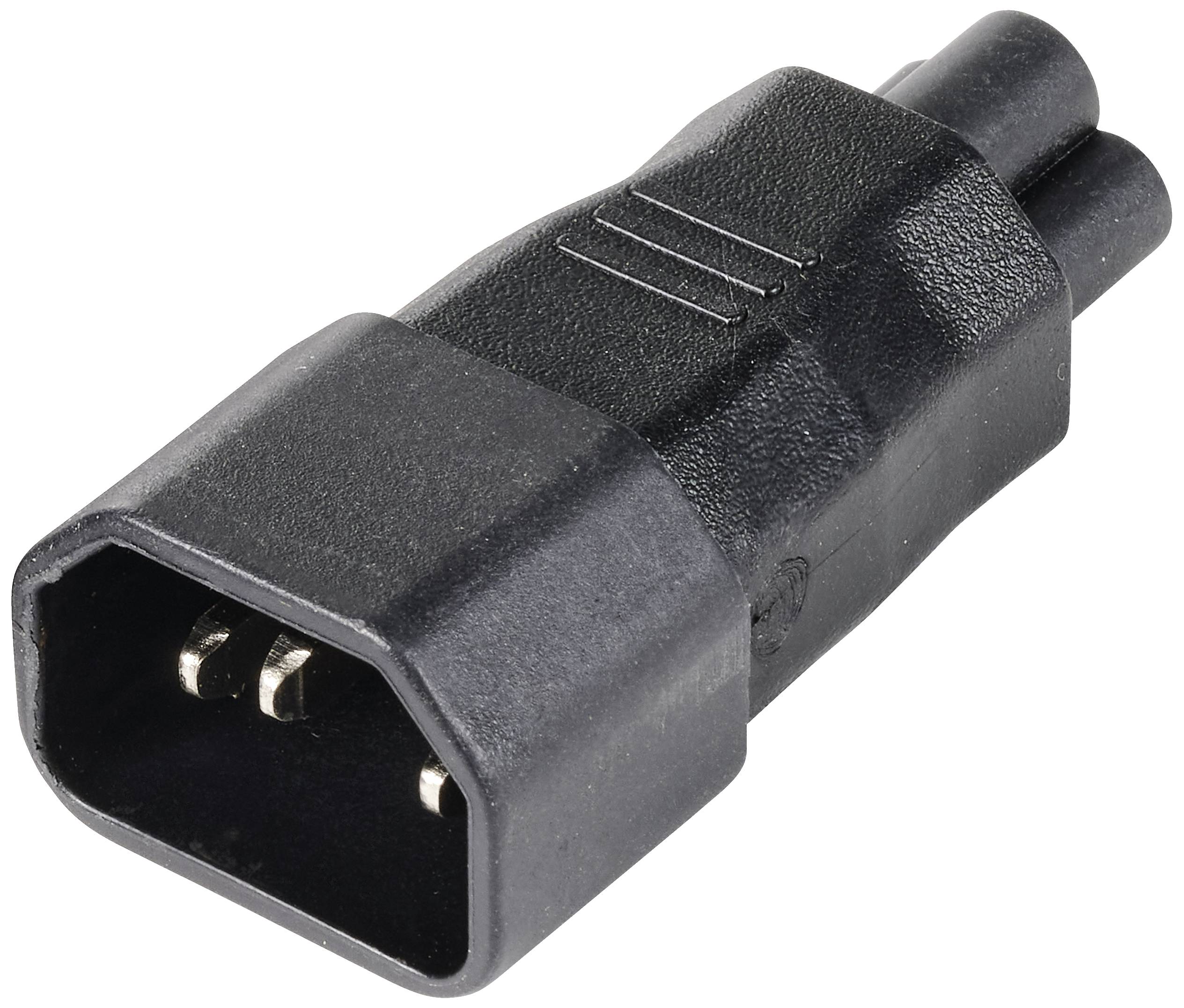 Connecteur électrique noir, de forme rectangulaire avec trois contacts métalliques. Utilisé pour l'alimentation électrique des appareils électroniques.