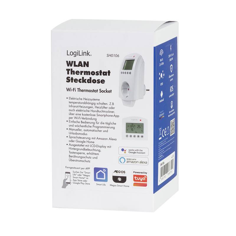 Emballage d'une prise thermostat WiFi de LogiLink, modèle SH0106. Compatible avec commande par application, compatible avec Amazon Alexa.