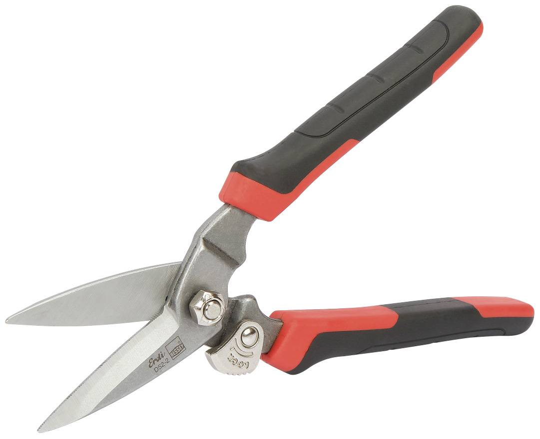 Une cisaille en tôle noire et rouge avec des lames métalliques. Elle dispose de poignées au design ergonomique pour une meilleure prise en main.