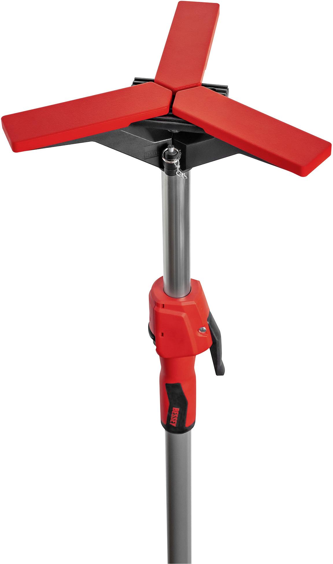 Support rotatif sur un trépied métallique, adapté aux travaux de construction. Couleurs principales : Rouge et gris.