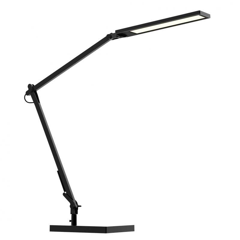 Une lampe de bureau noire, moderne, avec un bras articulé et une tête rectangulaire, reposant sur une base carrée.
