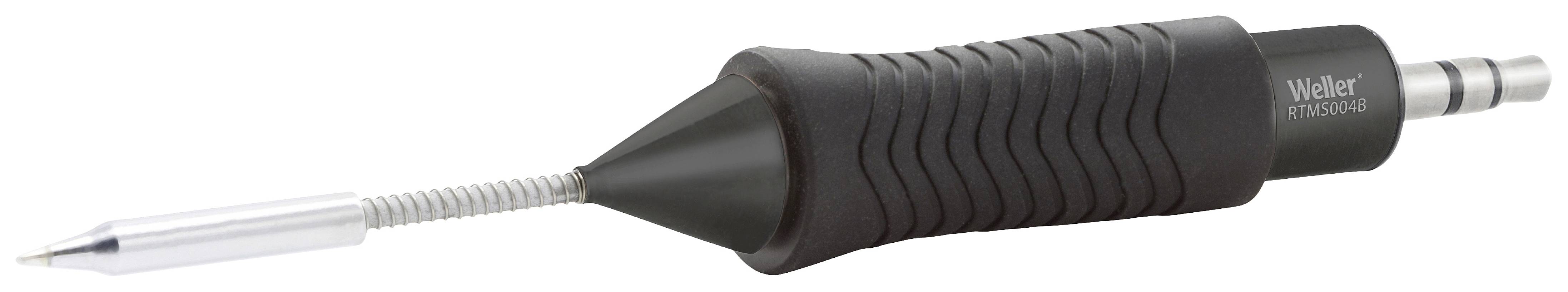 Un fer à souder Weller noir avec une poignée striée, une pointe métallique et un ressort flexible à l'extrémité.