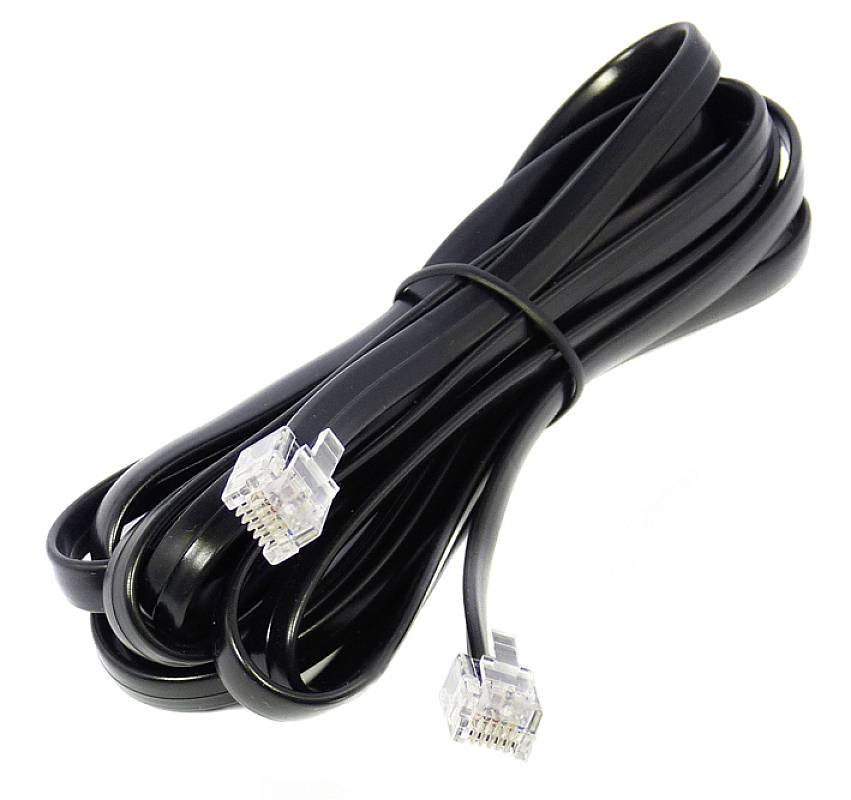 Un câble téléphonique noir avec des connecteurs RJ11 aux deux extrémités, enroulé et prêt à être utilisé pour des connexions téléphoniques ou de modem.