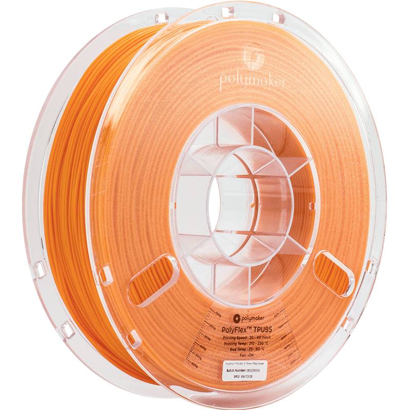 Bobine de filament semi-transparente orange pour imprimante 3D, portant l'inscription du fabricant 'PolyFlex TPU95'.