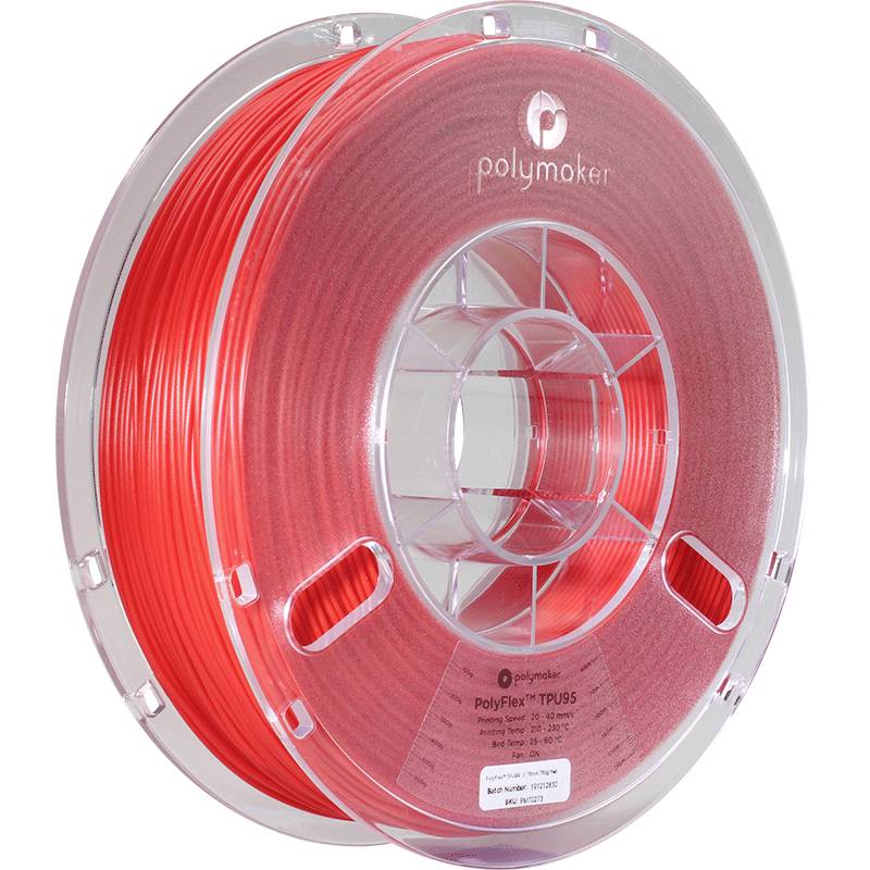 Une bobine rouge de filament d'impression 3D de la marque 'Polymaker', adaptée aux impressions flexibles. Principalement destinée aux applications PolyFlex TPU95.