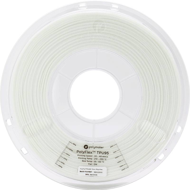 Un rouleau de filament d'impression 3D de Polymaker, modèle PolyFlex TPU95. Couleur : Blanc. Adapté pour les pièces flexibles.