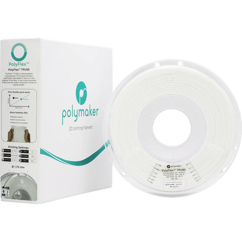 Une bobine blanche de filament d'impression 3D à côté de son emballage. Texte 'PolyFlex TPU95'. Diamètre du filament 1,75 mm.