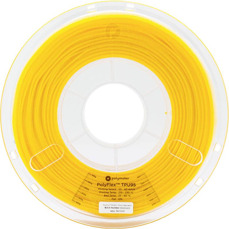 'PolyFlex TPU95' Bobine de filament de Polymaker, jaune. Adapté pour l'impression 3D à des températures de 210-230 °C. Propriétés de matériau flexible.