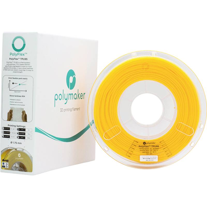 Boîte et bobine d'un filament d'imprimante 3D jaune portant l'inscription 'Polyflex TPU95', adapté aux applications d'impression flexibles.