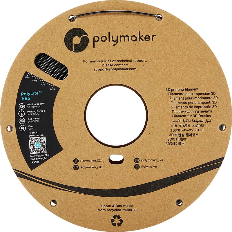 Un rouleau de filament pour imprimante 3D de Polymaker, modèle PolyLite ABS. Contient des détails techniques tels que des informations sur la température et le poids.