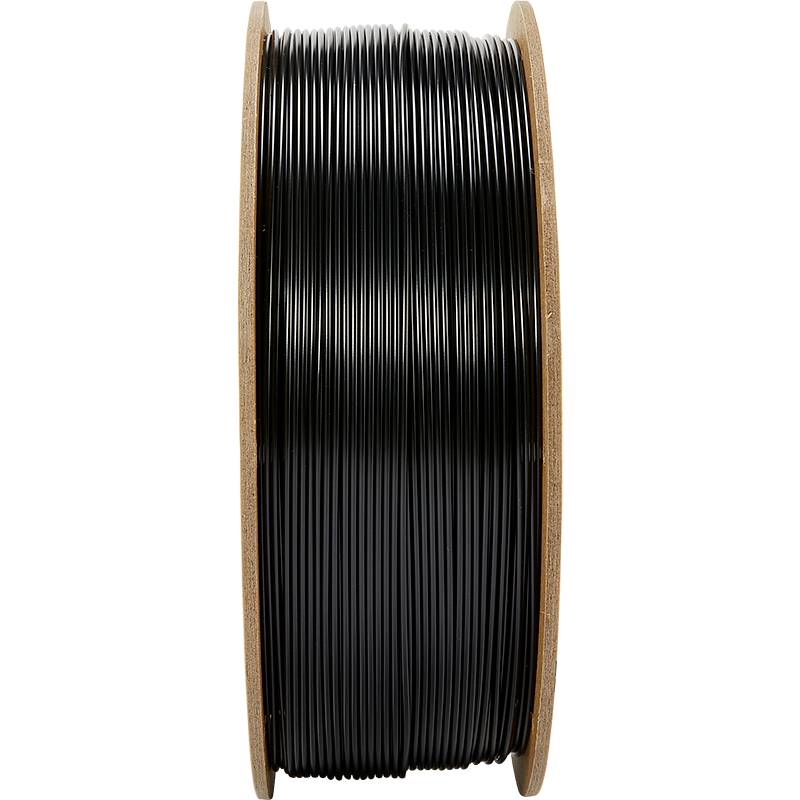 Rouleau de filament noir en plastique pour imprimante 3D, vu de côté.