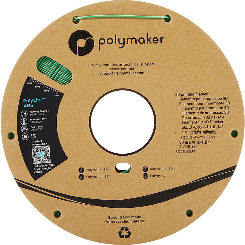 Emballage circulaire d'une bobine de filament de la marque Polymaker. Contient du filament pour imprimante 3D. Inscriptions dans différentes langues.