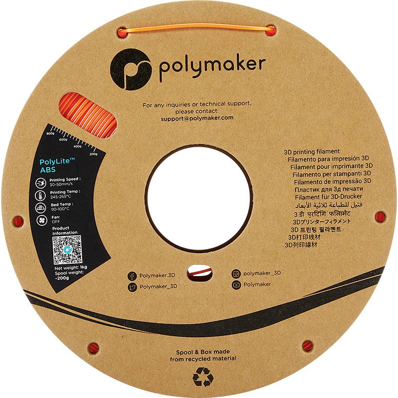 Une bobine circulaire en matériau recyclé avec du filament d'impression 3D orange. L'impression montre le logo Polymaker et les coordonnées de contact.