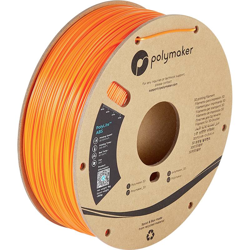 Bobine de filament ABS 3D de marque 'PolyLite ABS' de Polymaker de couleur orange ; l'étiquette indique les informations de compatibilité et de recyclage.