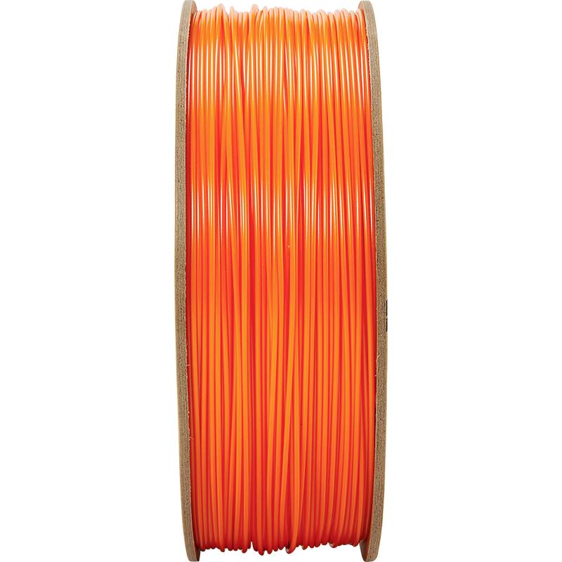 Une bobine de filament d'impression 3D orange vif, placée verticalement.