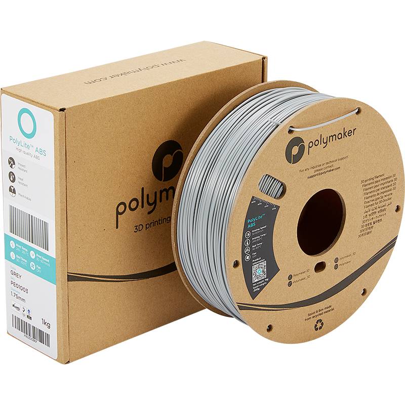 Une bobine de filament gris à côté d'un emballage de Polymaker, étiqueté comme 'Filament ABS Polymaker pour impression 3D', 1 kg.
