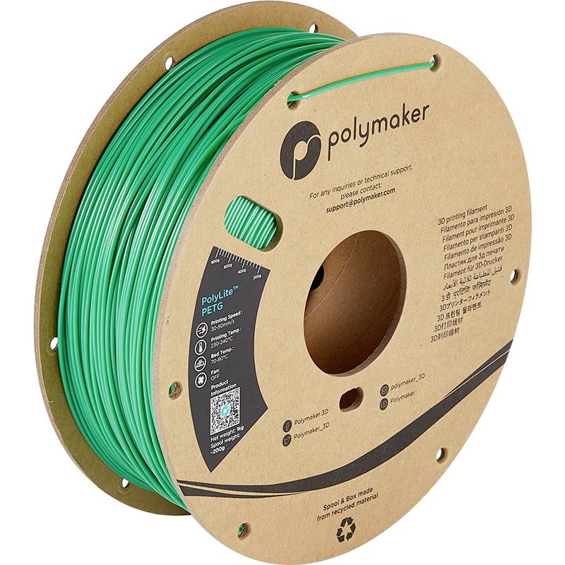 Bobine de filament PETG vert de Polymaker pour imprimante 3D, sur un support en carton. Contient les informations du fabricant et les coordonnées de contact.