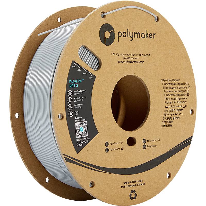 Bobine de filament pour imprimante 3D de Polymaker, modèle PolyLite PETG, gris, avec détails du produit tels que la température d'impression et le poids sur l'étiquette.