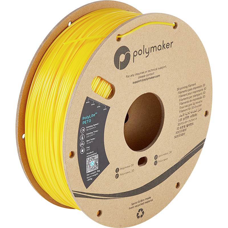Rouleau de filament d'impression 3D Polymaker jaune en PETG, sur bobine en carton. Pour applications d'impression 3D, emballage écologique.