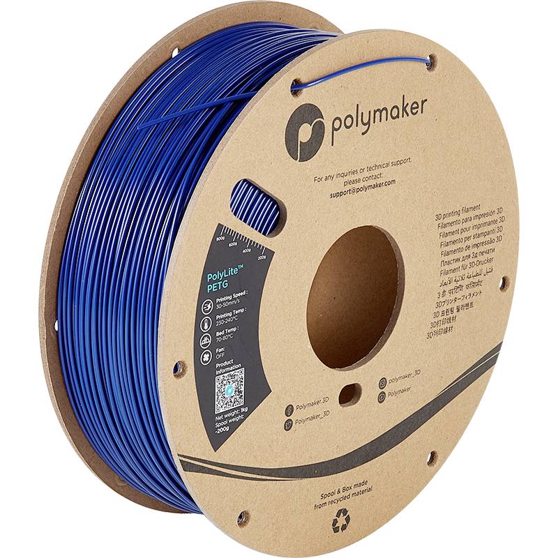Un rouleau de filament PETG bleu pour imprimante 3D de Polymaker, avec étiquette et symbole de recyclage. Adapté aux applications techniques.