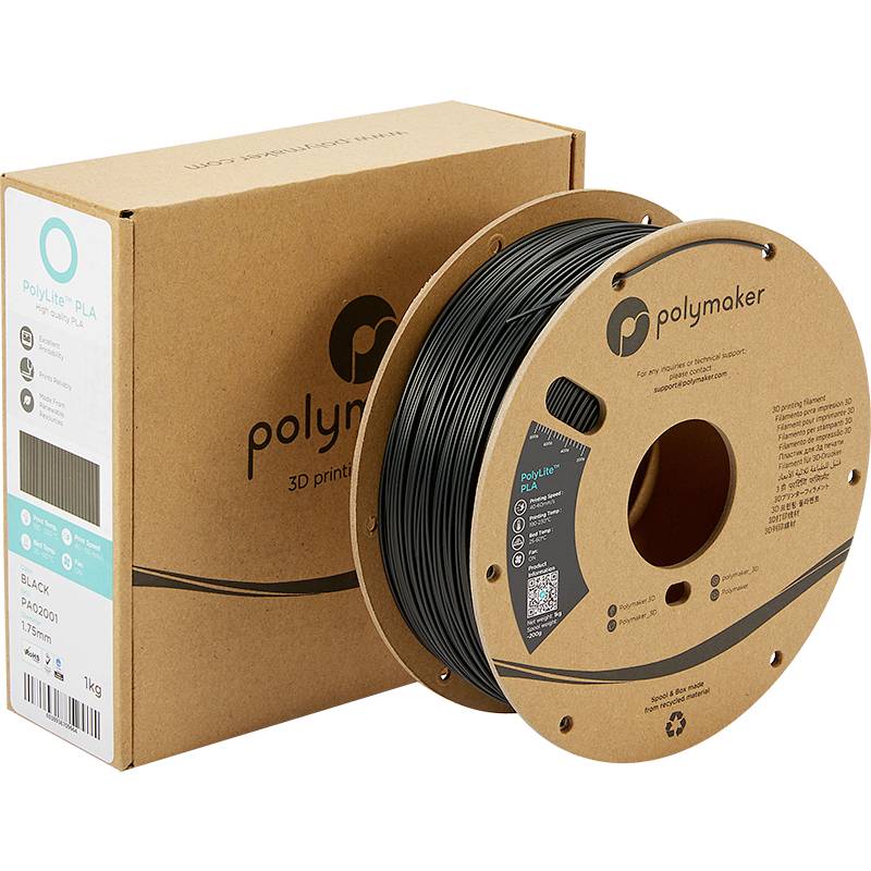 Une bobine de filament PLA noir Polymaker pour imprimante 3D, dans un emballage marron, adapté aux projets d'impression 3D.