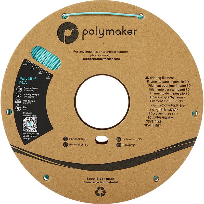 Bobine de filament pour imprimante 3D PolyLite PLA, 1,75 mm, 1 kg, dans un emballage en carton recyclé. Contient un code QR et des contacts de support.