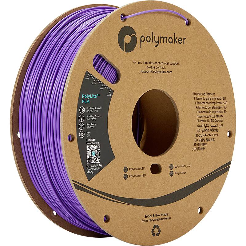 Bobine de filament d'imprimante 3D Polymaker en violet, avec des indications sur la température d'impression et l'épaisseur du matériau sur l'emballage.