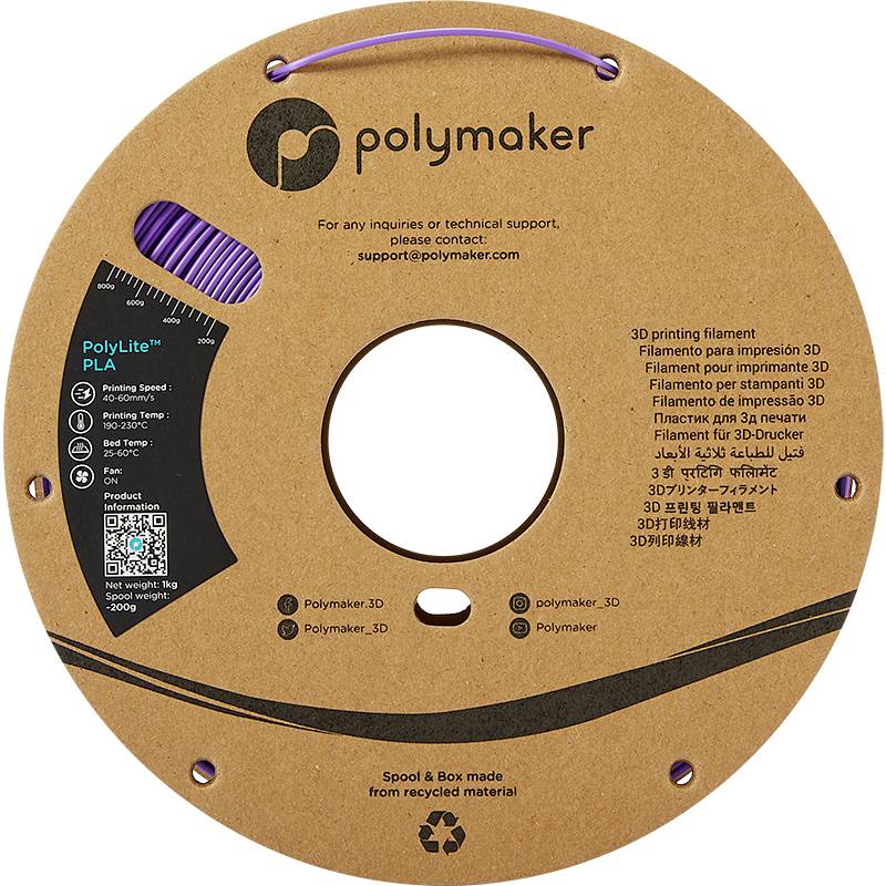 Un rouleau de filament beige avec des détails imprimés pour l'impression 3D. En haut, le logo 'Polymaker', en bas les informations de contact et les identifiants de réseaux sociaux.