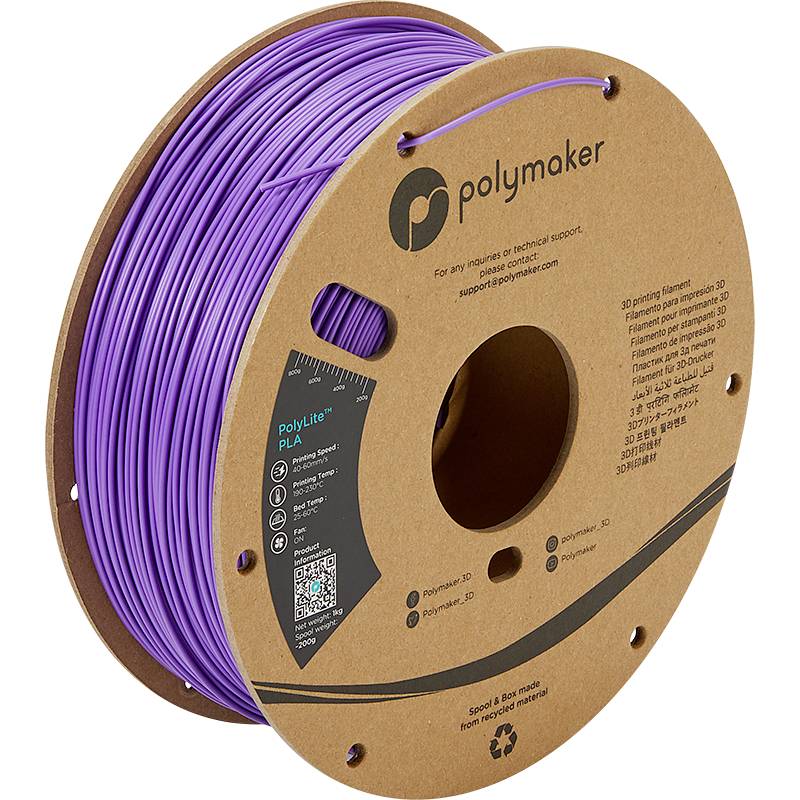 Une bobine de filament violet pour imprimante 3D de Polymaker, nom du produit 'PolyLite PLA', adapté aux projets d'impression 3D.