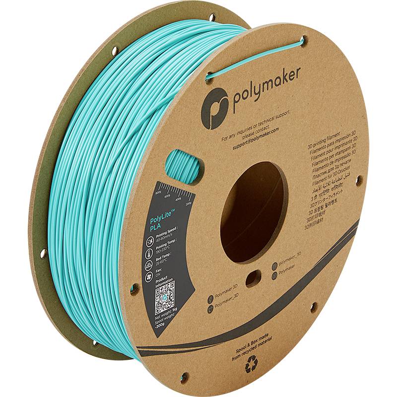 Bobine de filament d'impression 3D turquoise de Polymaker, en PLA écologique, adapté à divers projets d'impression 3D.