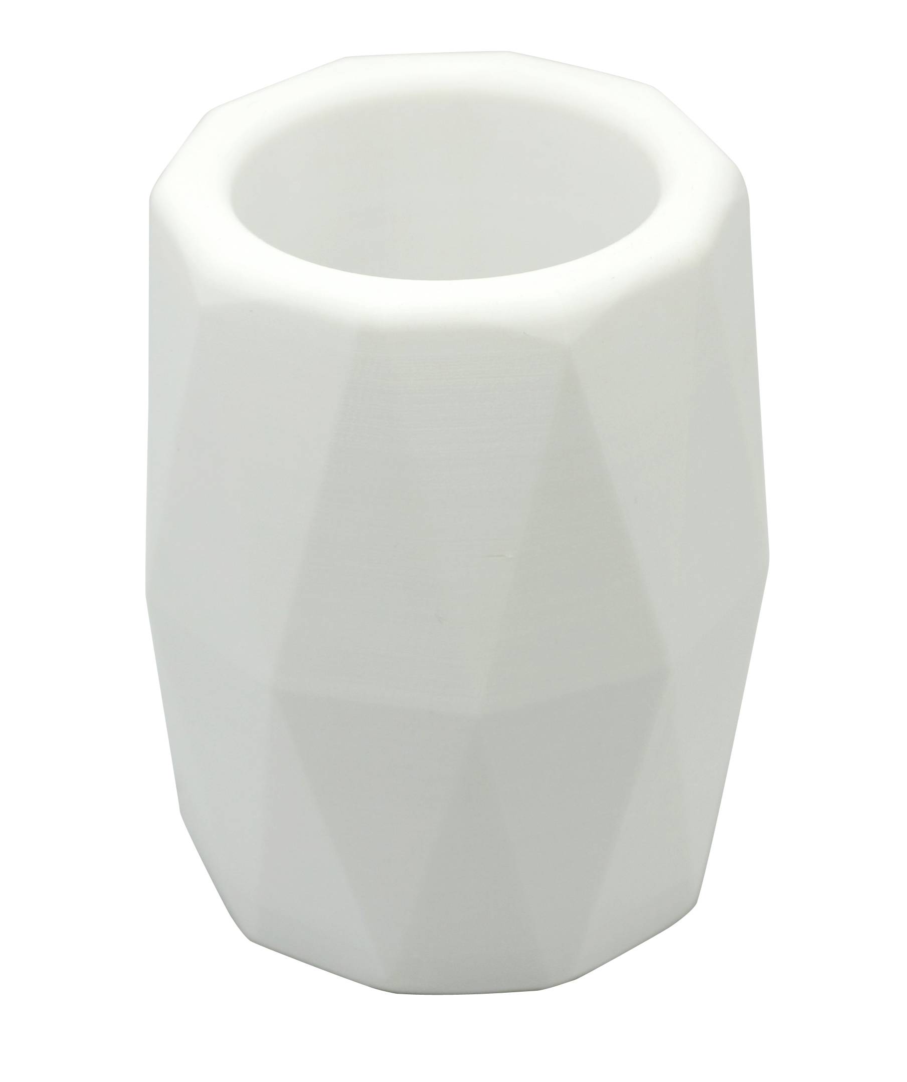 Un gobelet blanc, aux multiples facettes, sans motifs ou inscriptions reconnaissables, se trouve devant un arrière-plan neutre.