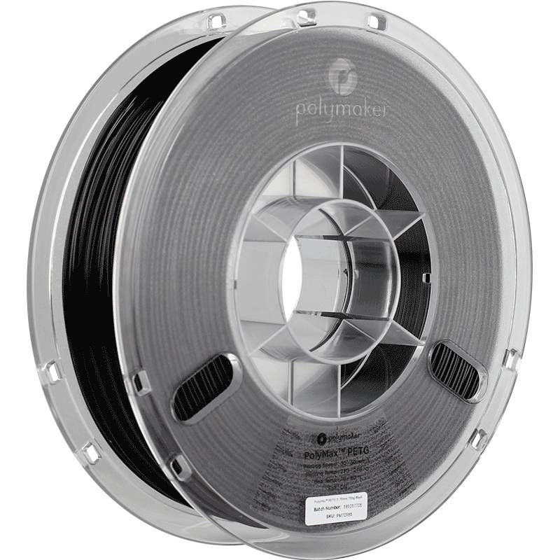 Une bobine de plastique transparente avec du filament gris pour imprimante 3D, sur laquelle il est inscrit 'Polymaker PolyMax PETG' et des spécifications techniques.