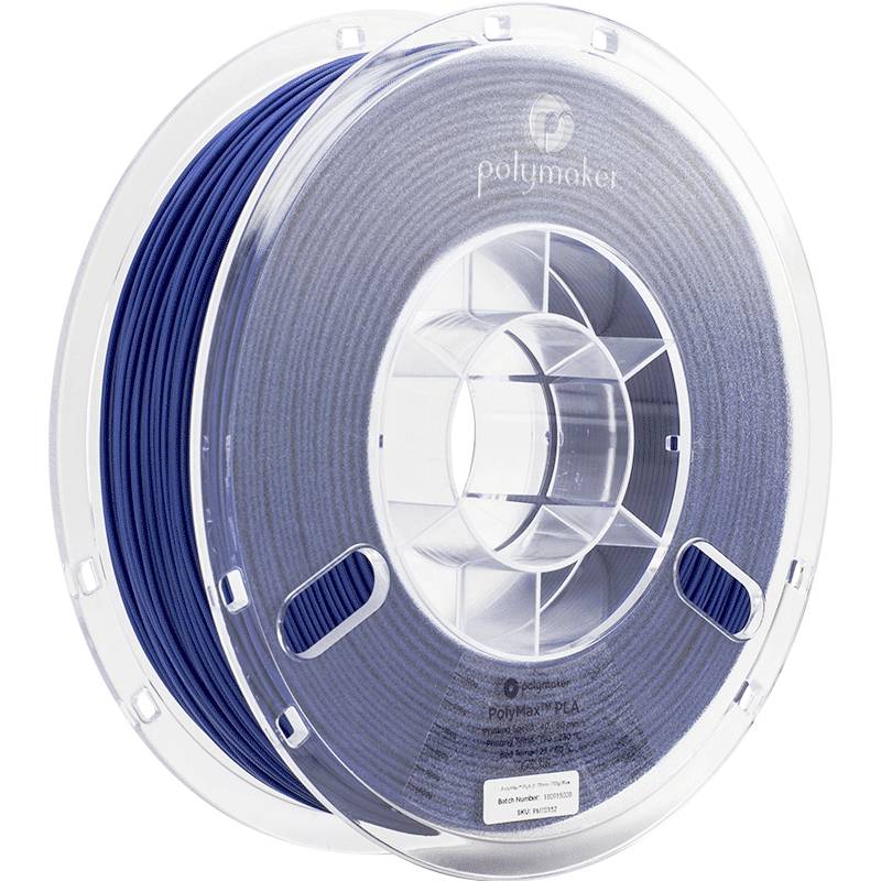 Bobine de plastique transparente avec filament bleu foncé, marque Polymaker, compatible avec les imprimantes 3D.