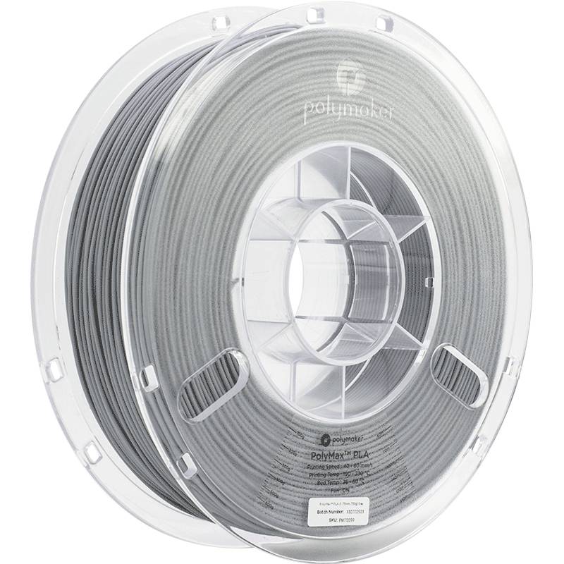 Bobine grise de filament pour imprimante 3D, marque 'Polymaker'. Le filament est enroulé sur un support transparent, adapté pour l'impression 3D.