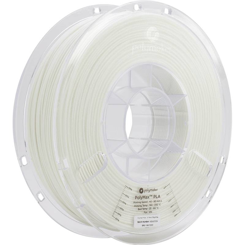 Bobine blanche de filament PLA PolyMax de Polymaker, enroulée sur un support en plastique transparent.