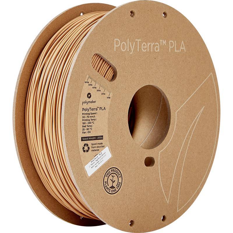 Un rouleau de carton brun contenant du filament d'impression 3D orange en PLA. L'étiquette affiche des recommandations détaillées d'impression et de température.