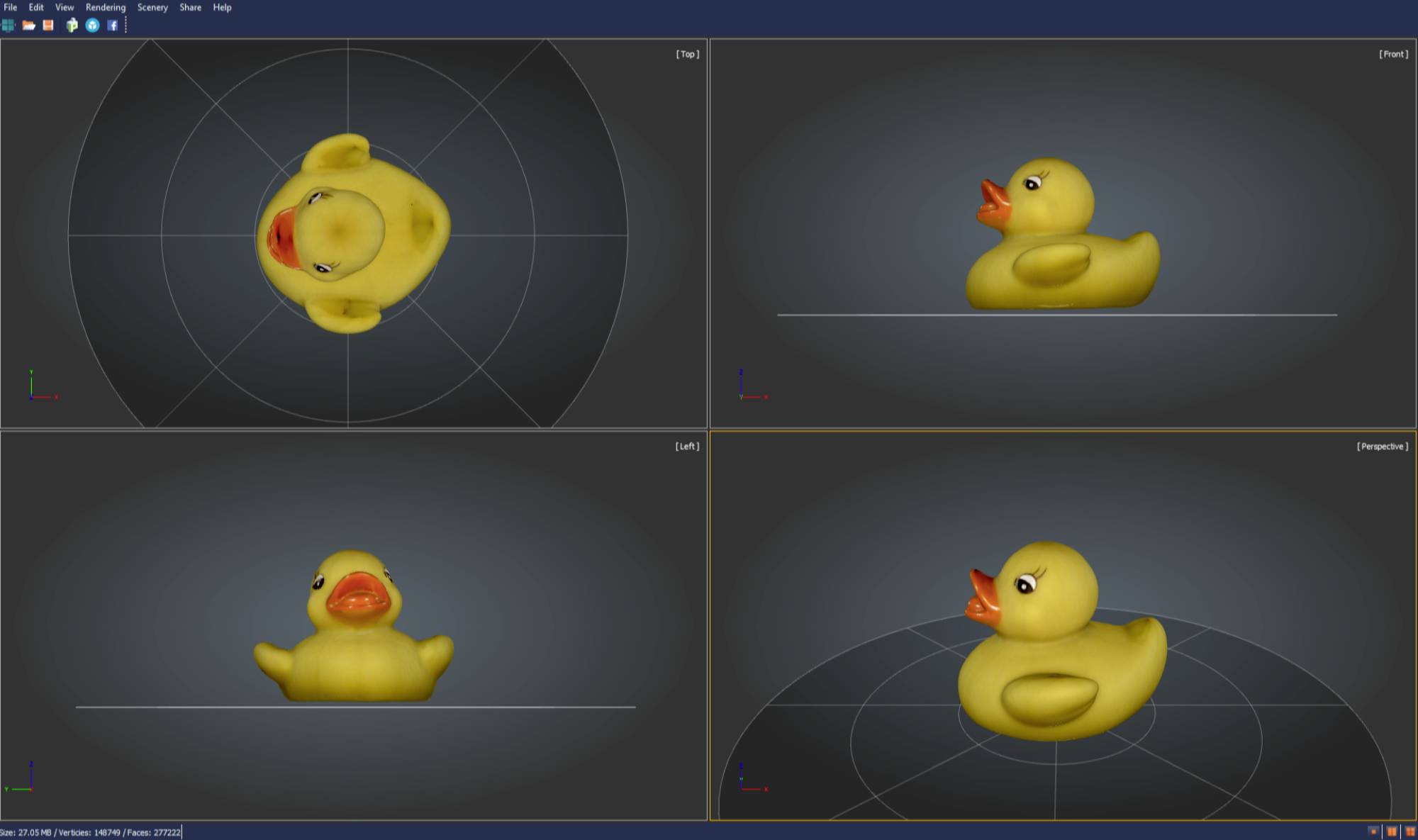 Quatre vues d'un canard en caoutchouc jaune dans un logiciel de modélisation 3D : de dessus, de côté, de face et en perspective.
