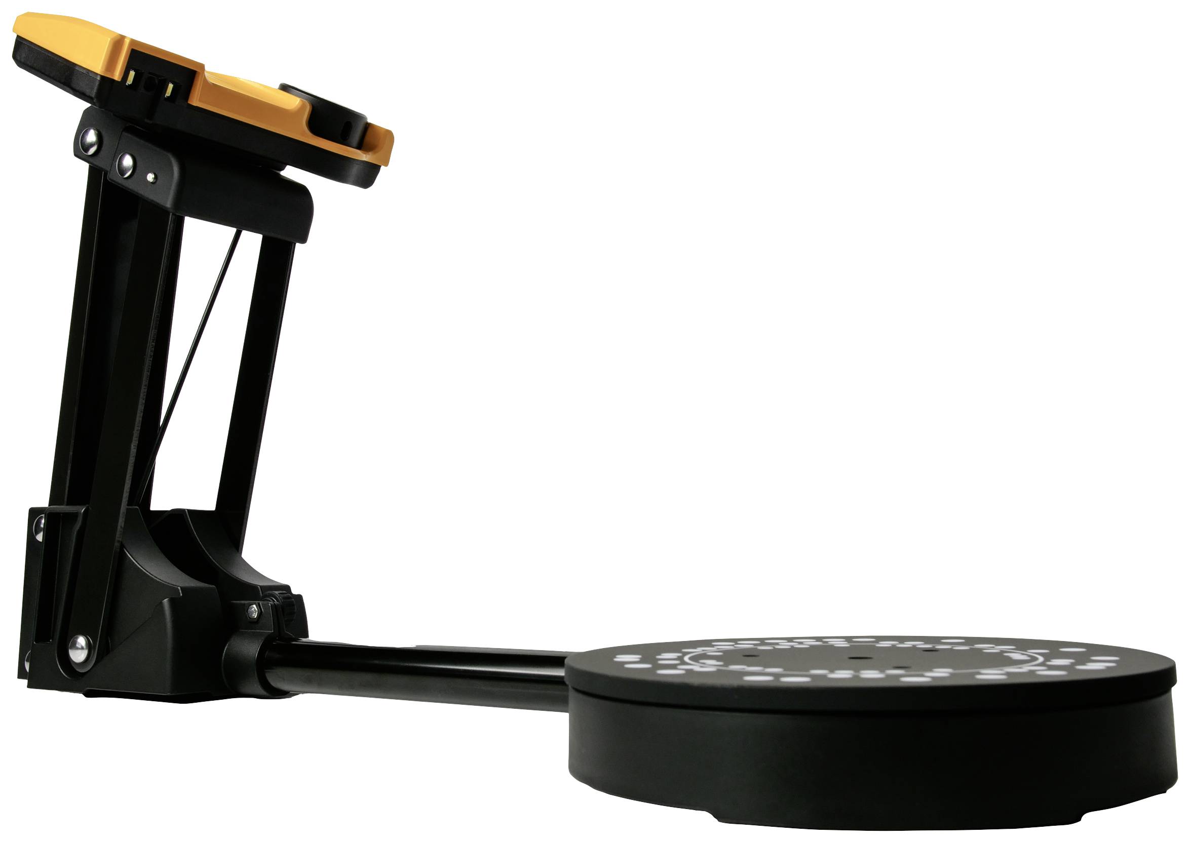 Un scanner 3D noir avec un support trépied et une plateforme circulaire équipée d'un mécanisme rotatif.