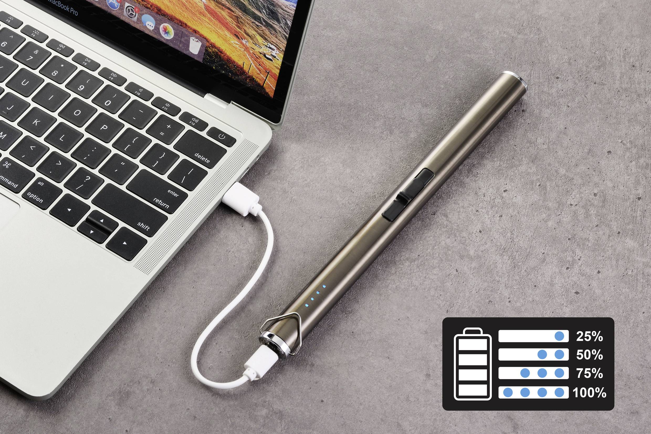 Chargeur en forme de stylo en cours de charge sur un ordinateur portable. À côté, un affichage avec un symbole de batterie et des états de charge allant de 25 % à 100 %.