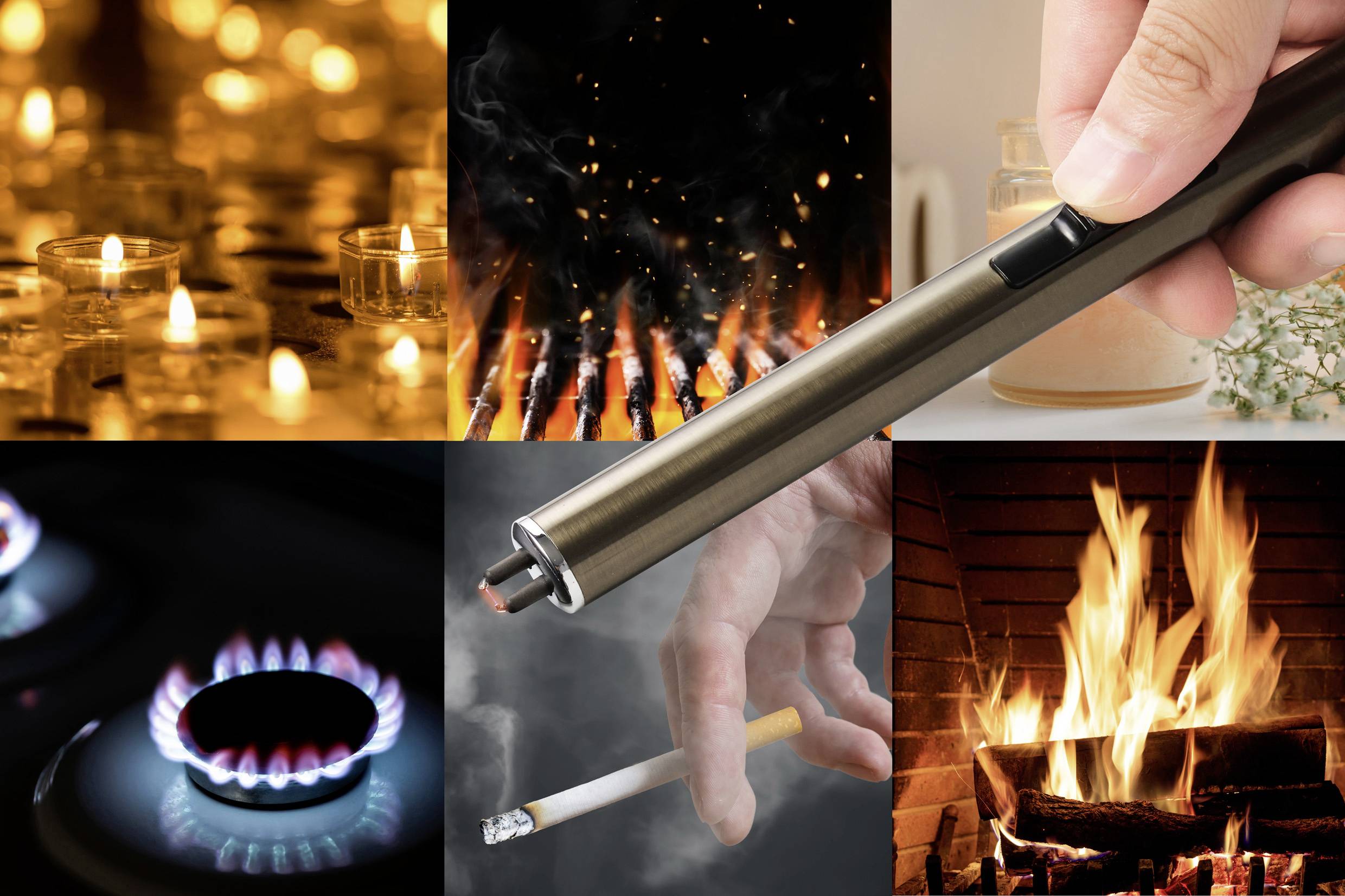 Une collage présente des bougies, des cigarettes, un briquet, une cuisinière à gaz et un feu de cheminée. Le thème est le feu et les sources de fumée.