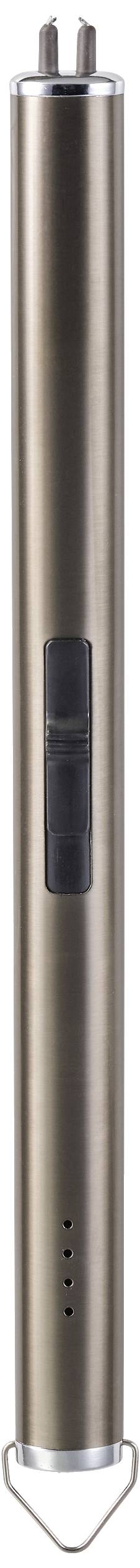 Longue device métallique cylindrique avec un panneau de commande noir et quatre petits trous sur la face inférieure.