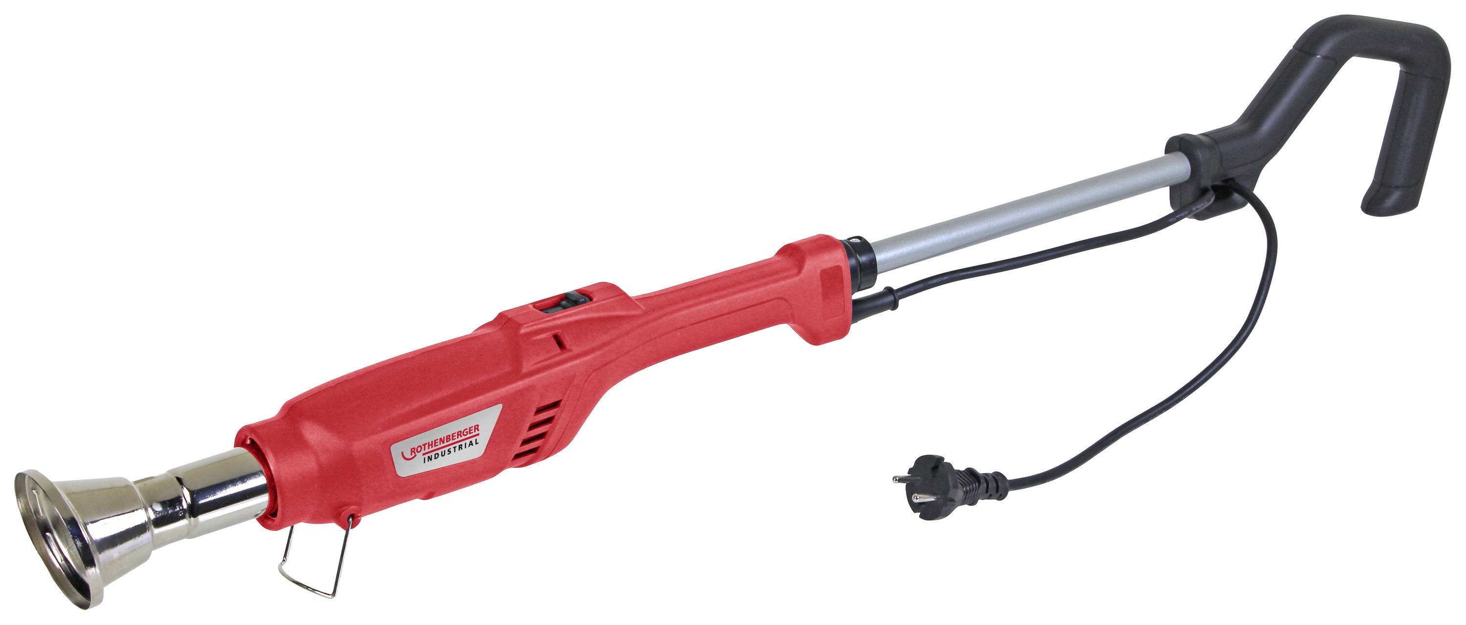 Un brûleur électrique rouge pour désherber, avec manche long et câble secteur ; adapté pour éliminer les mauvaises herbes de manière écologique.