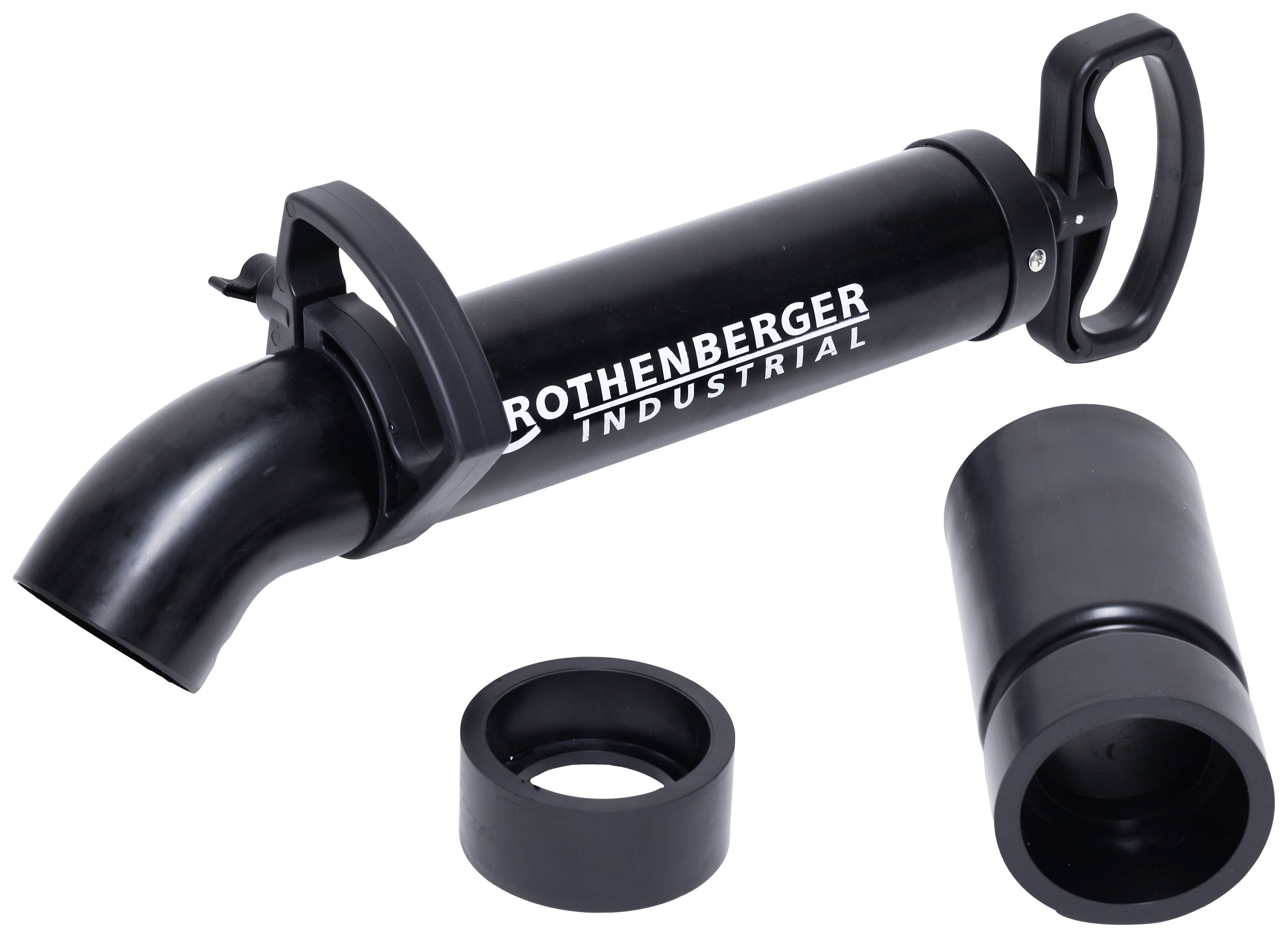 Pompe manuelle de Rothenberger Industrial avec cylindre amovible et deux joints d'étanchéité, utilisée pour le nettoyage de canalisations.