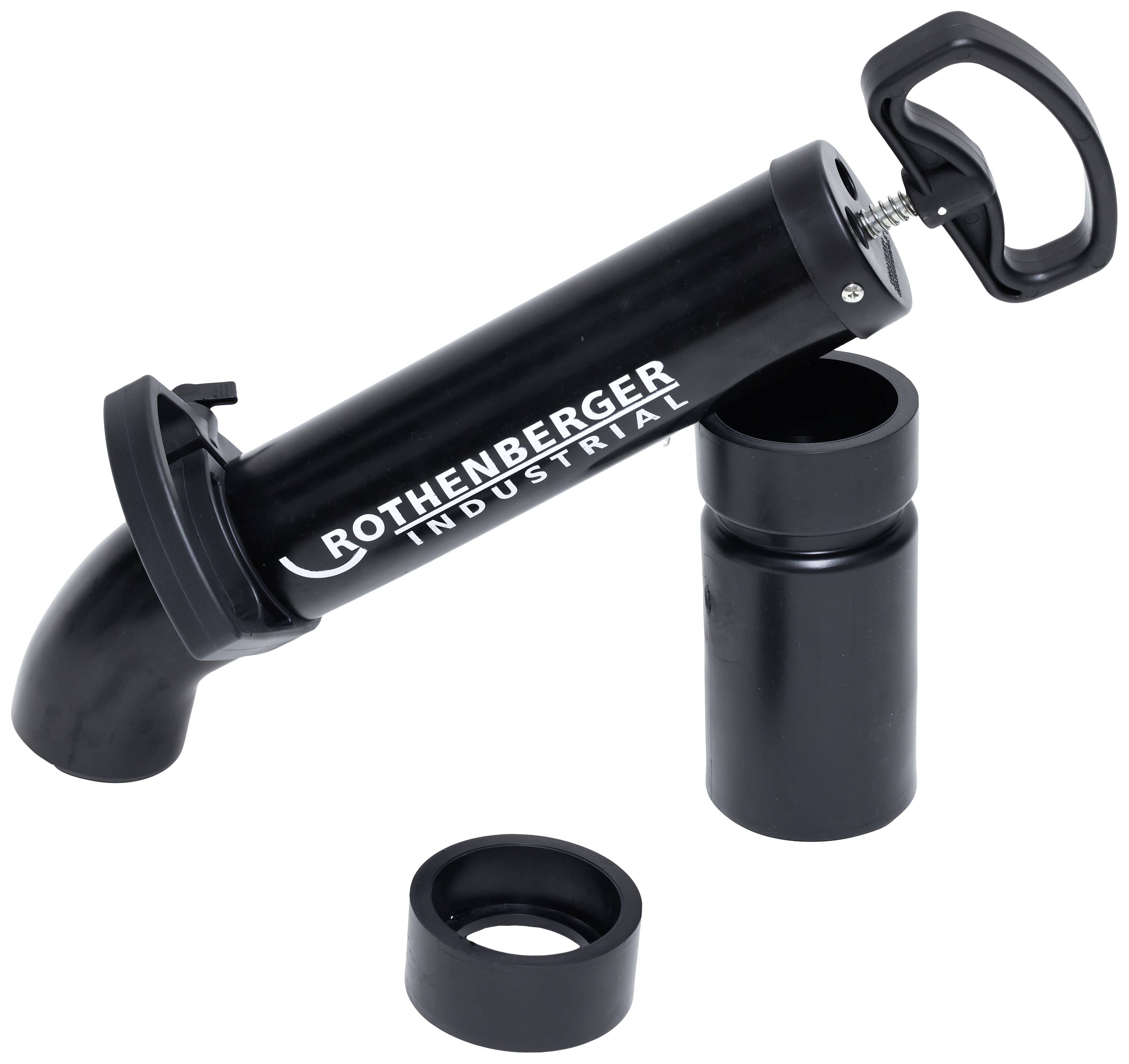 Une presse à graisse noire de la marque 'Rothenberger Industrial' avec capuchon et poignée amovibles, convenant aux applications de lubrification.