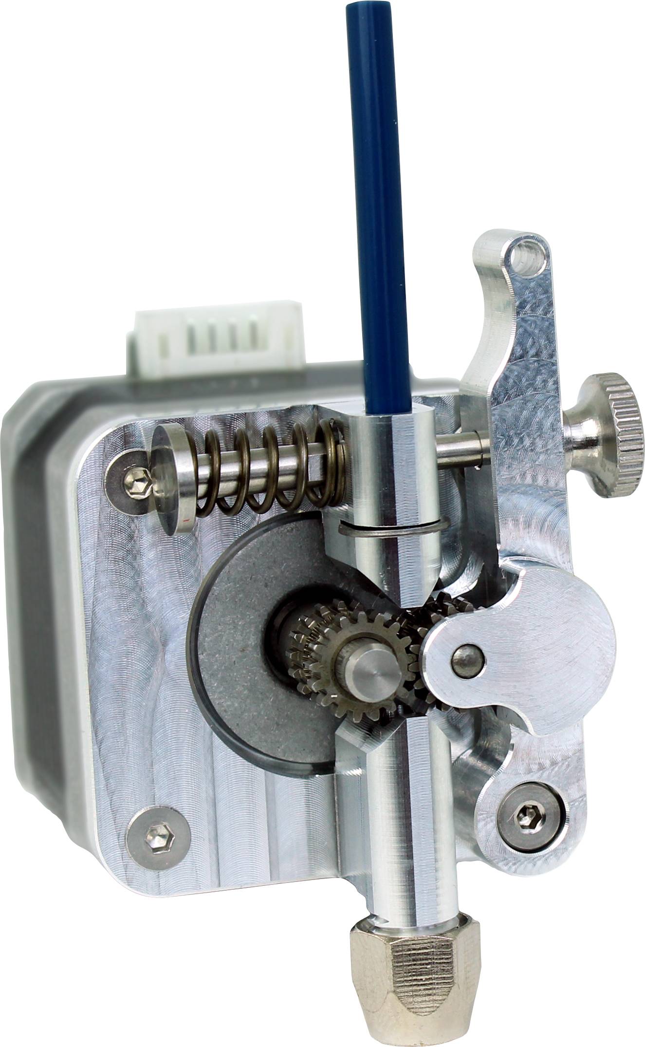 Un extrudeur d'imprimante 3D. Montre des composants métalliques tels que des engrenages et des ressorts, ainsi qu'une buse et une tige de guidage bleue.